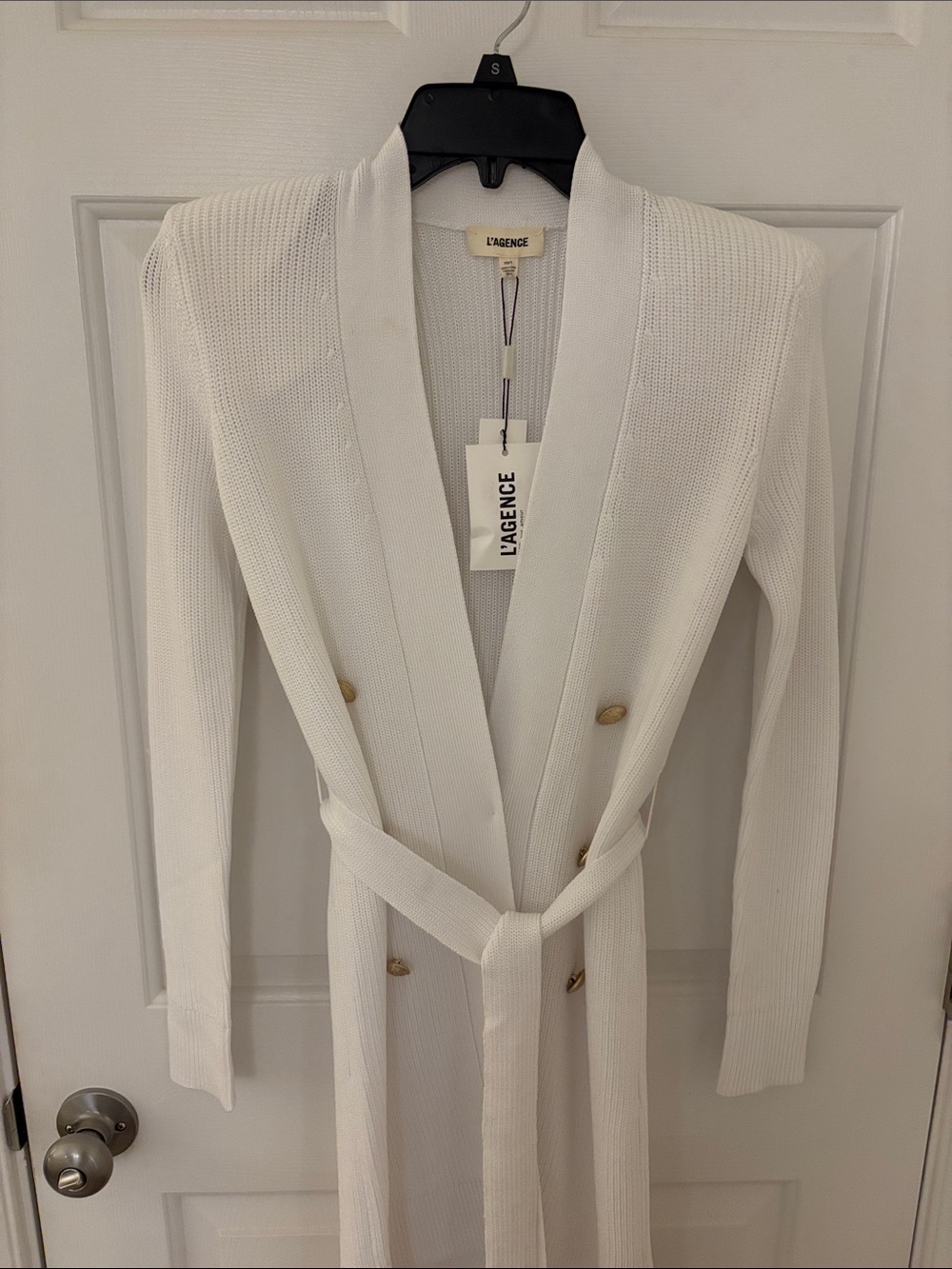 L'AGENCE Cream Knit Belted Cardigan with Gold Buttons - Picture 9 of 10